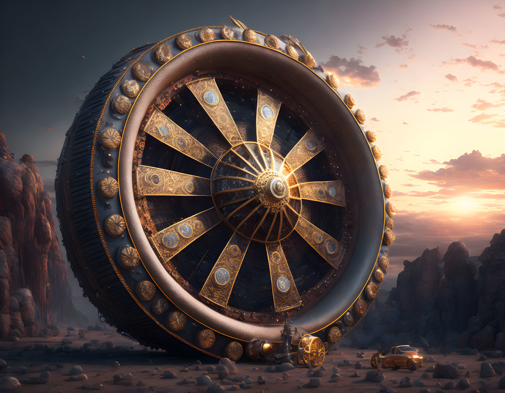 Giant ornate golden wheel in desert landscape at sunset