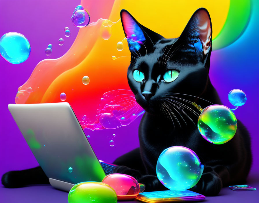 Black Cat with Striking Eyes Surrounded by Colorful Bubbles on Purple Background