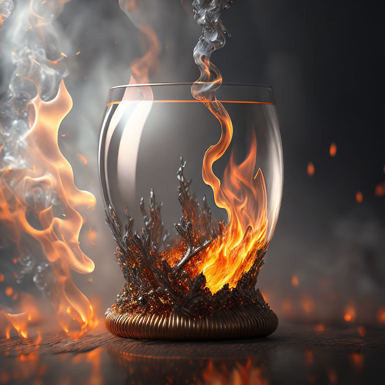 Transparent glass with fiery liquid splash creating illusion of blazing inferno