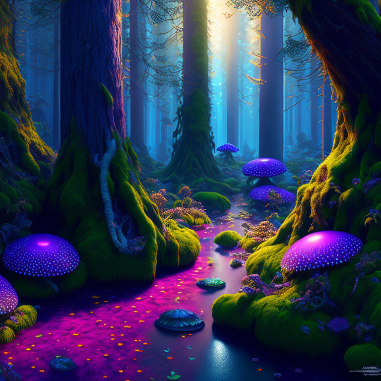 Vibrant purple and blue mystical forest with glowing mushrooms and ethereal light rays