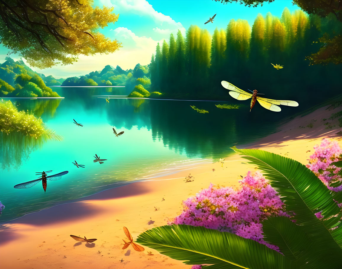 Serene Lake with Trees, Dragonflies, and Flowers