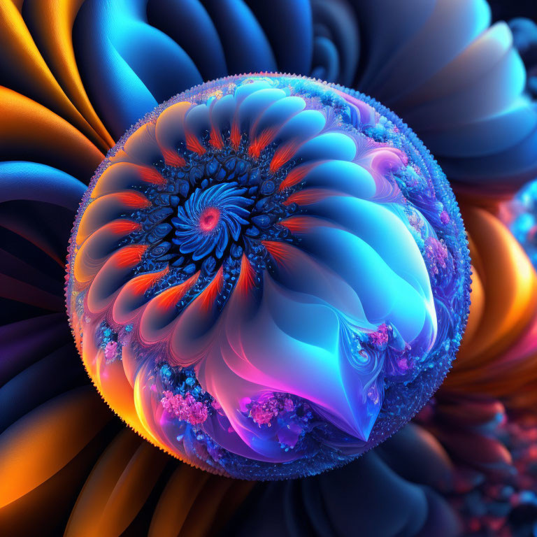 Colorful spherical fractal with blue and orange flower-like patterns