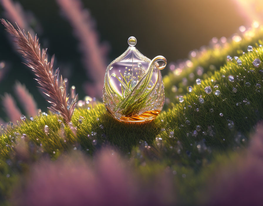 Transparent glass teapot on moss with sunlit grass and feather