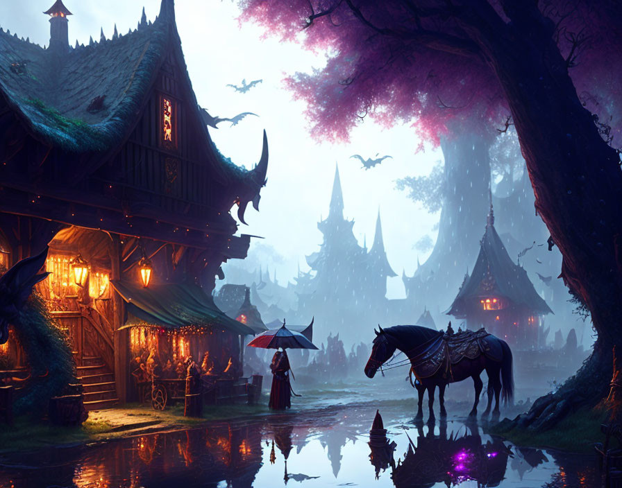 Enchanting twilight village with cozy illuminated houses and horse-drawn carriage under purplish sky