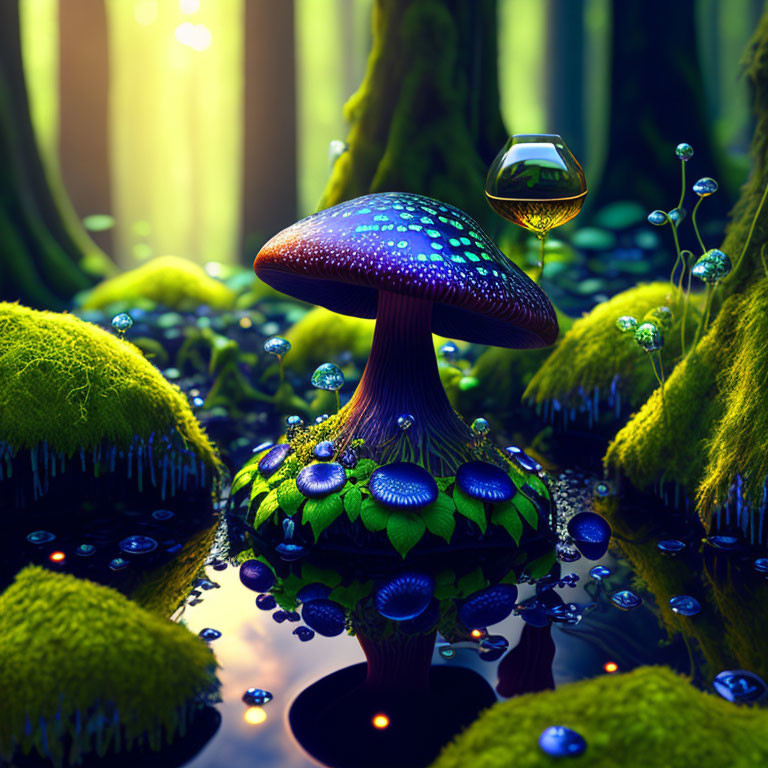 Colorful Glowing Mushroom in Mystical Forest Scene