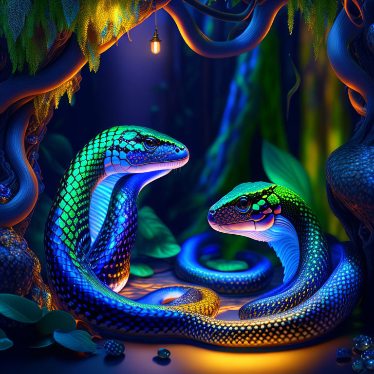 Vibrantly colored illuminated snakes in mystical neon-lit forest