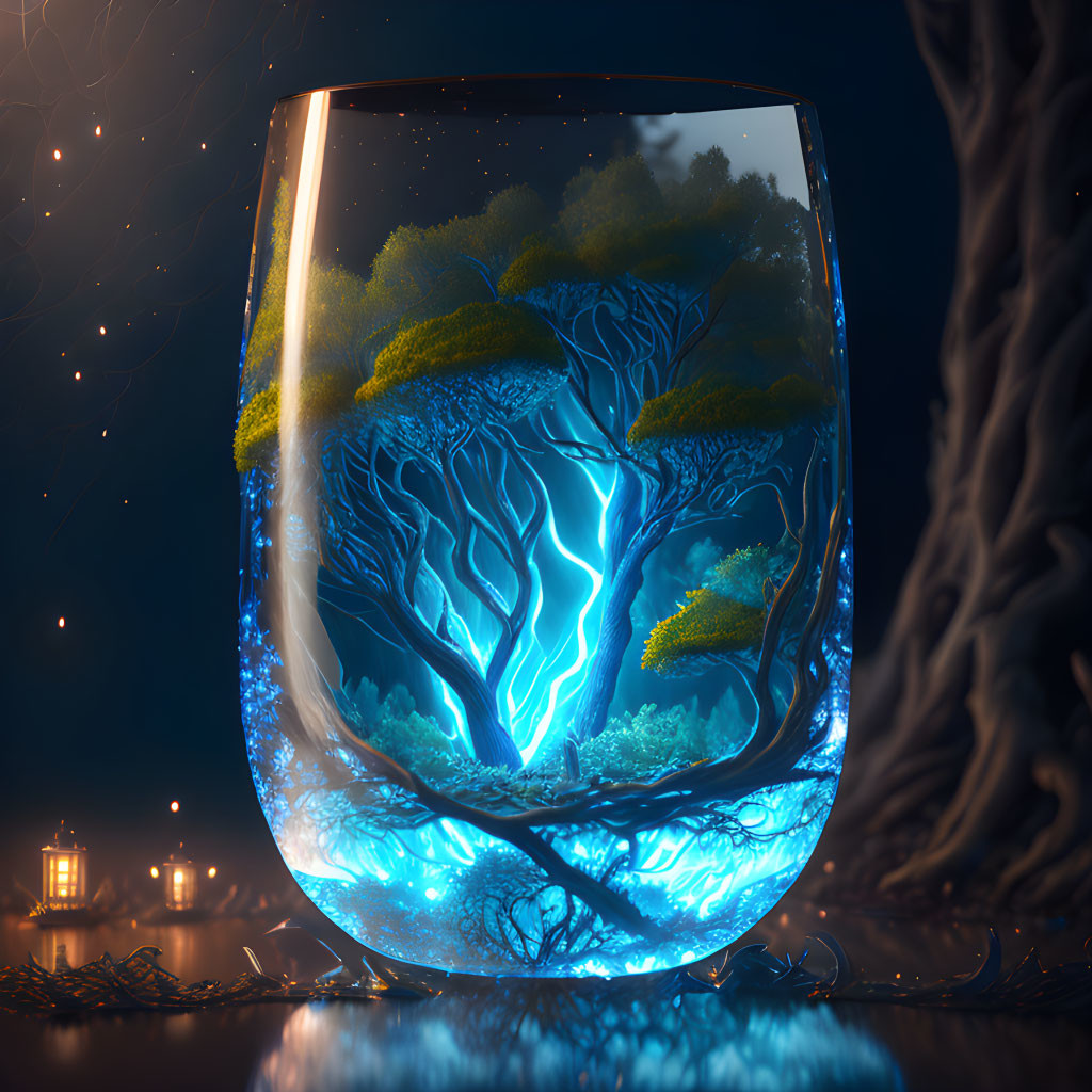 Glass-encapsulated mystical scene: vibrant blue tree, golden foliage, dark enchanted forest, lantern