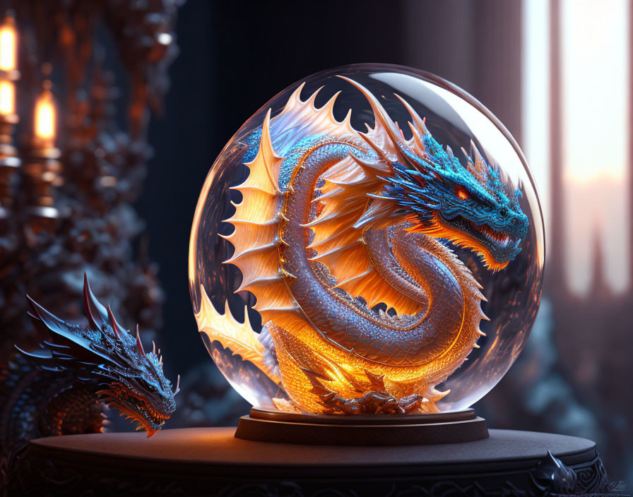 Fiery blue and orange dragon in crystal ball with dark background