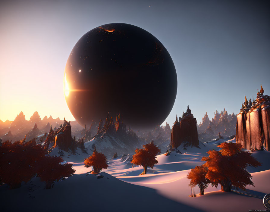 Snowy Sunset Landscape with Orange Trees and Hovering Sphere