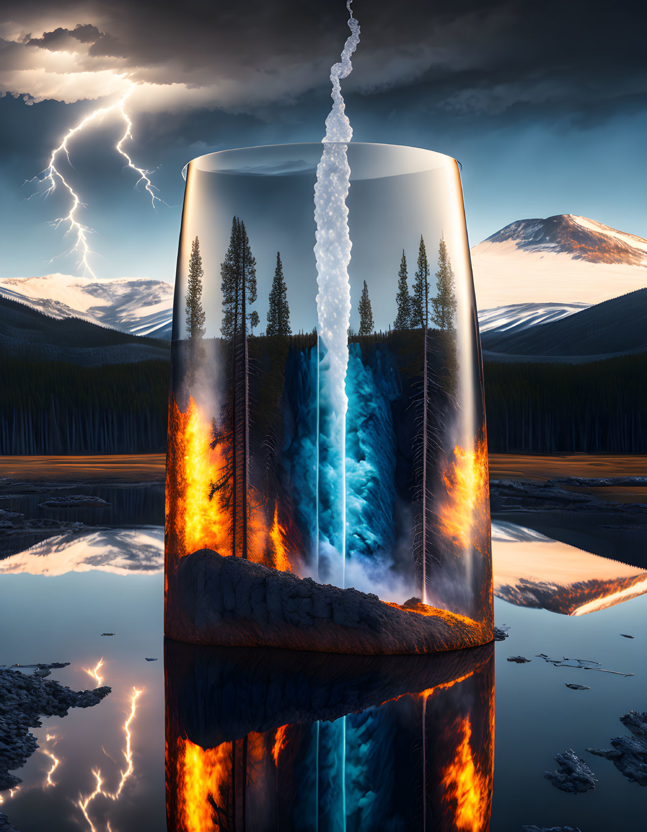 Surreal image of glass with fiery forest, water spout, lightning, and mountains reflected in