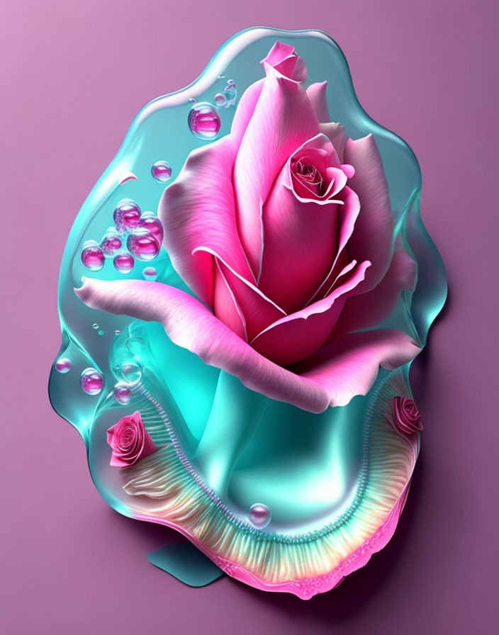 Stylized pink rose in bubble-like structure on purple background