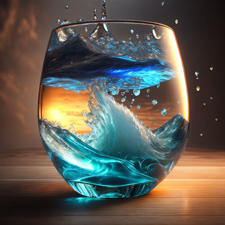 Glass with mini ocean ecosystem and waves under sunset on wooden surface