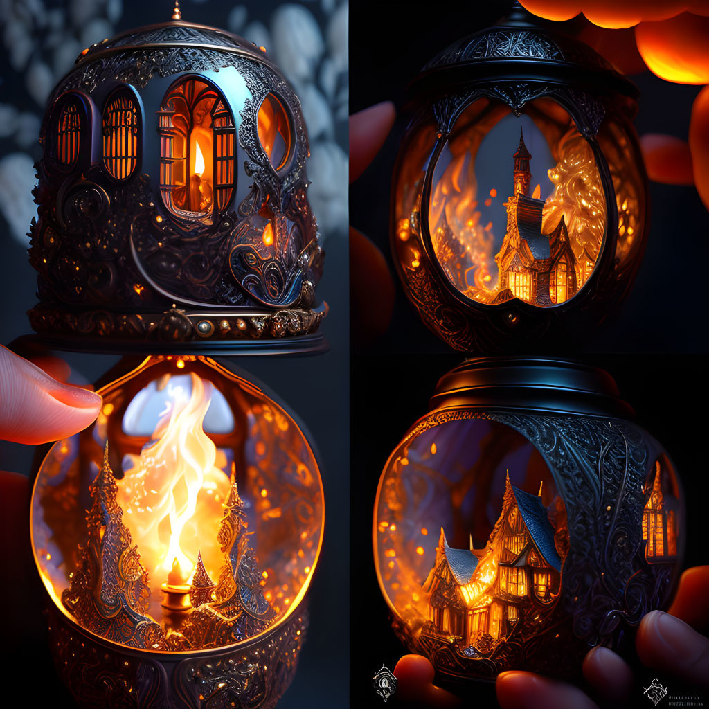 Four images of glowing lanterns with fantasy scenes inside, held in hands