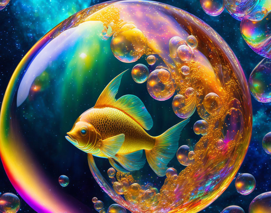 Colorful goldfish swimming in bubble among cosmic backdrop