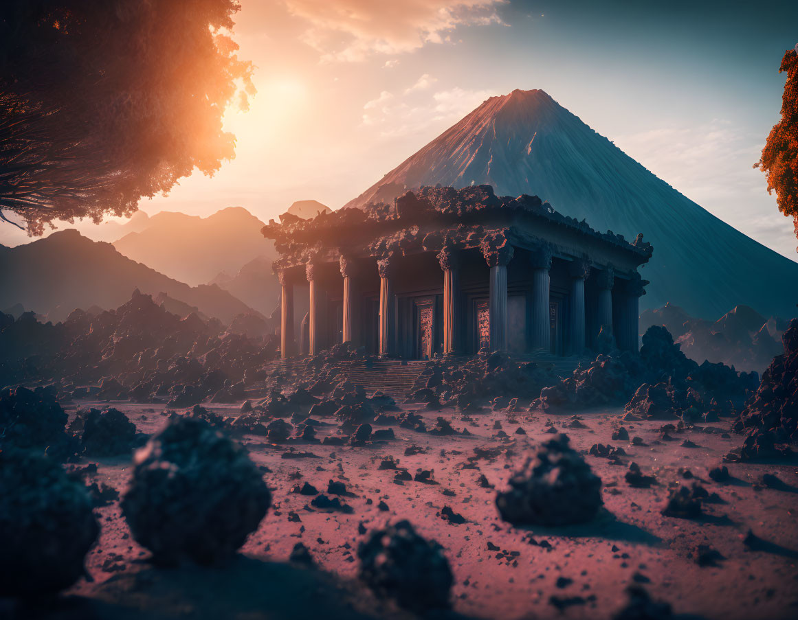 Ancient temple in volcanic landscape with serene volcano under orange sky