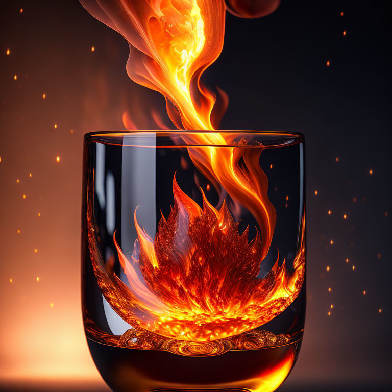 Glass with fiery liquid and elegant flames on dark background