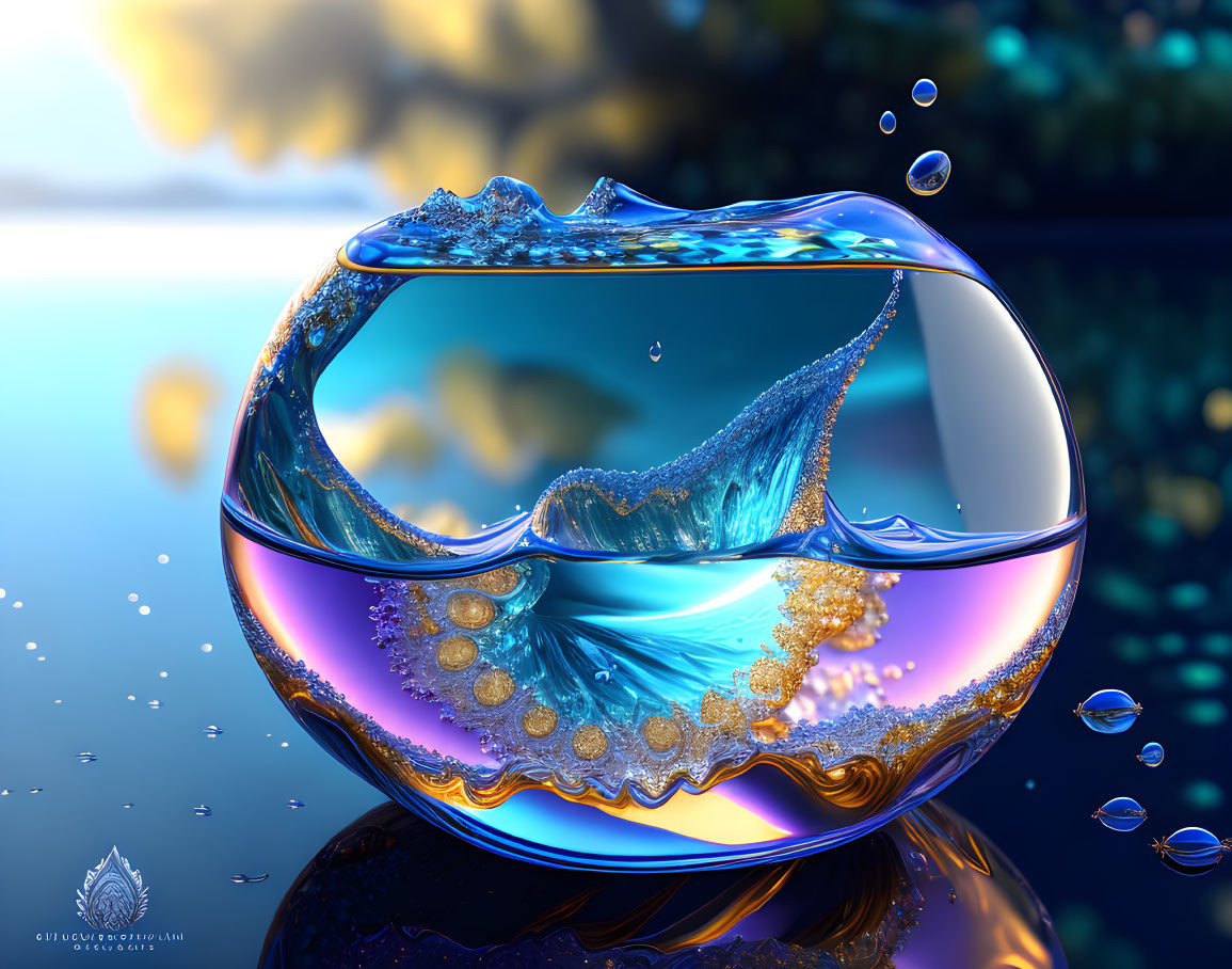 Digital artwork: Transparent water vessel with splashing wave and fractal pattern against blurred backdrop