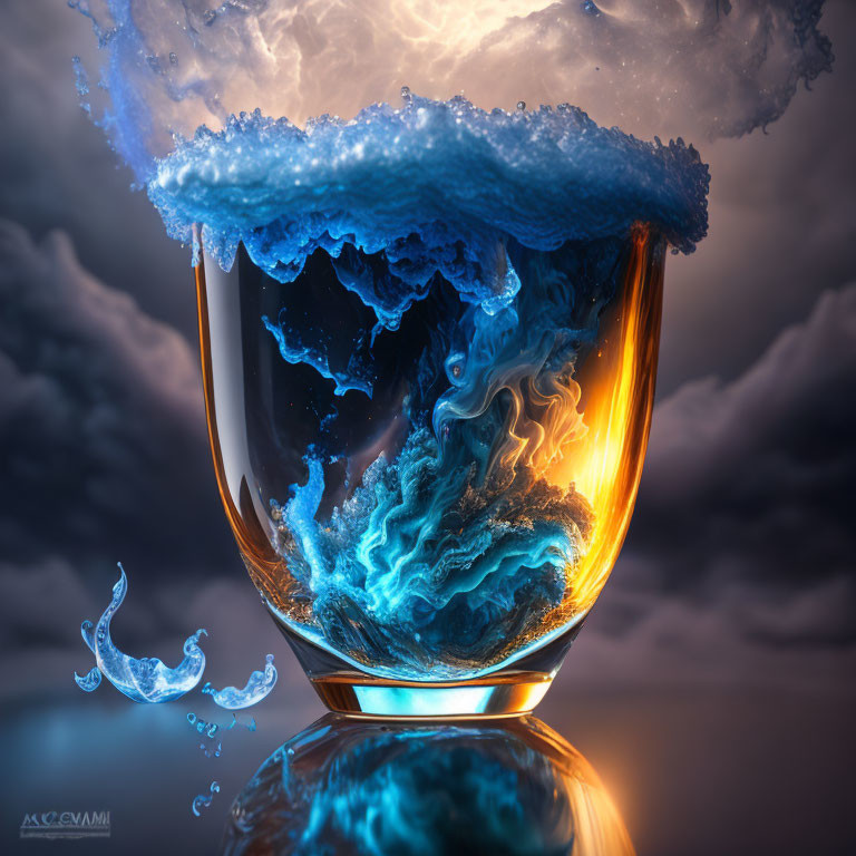 Stormy Sea Reflection in Whiskey Glass with Splashing Droplet