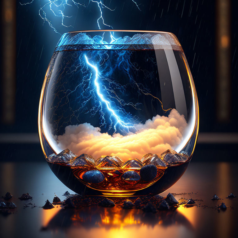 Stormy fishbowl scene with lightning, thunderclouds, and glowing stones