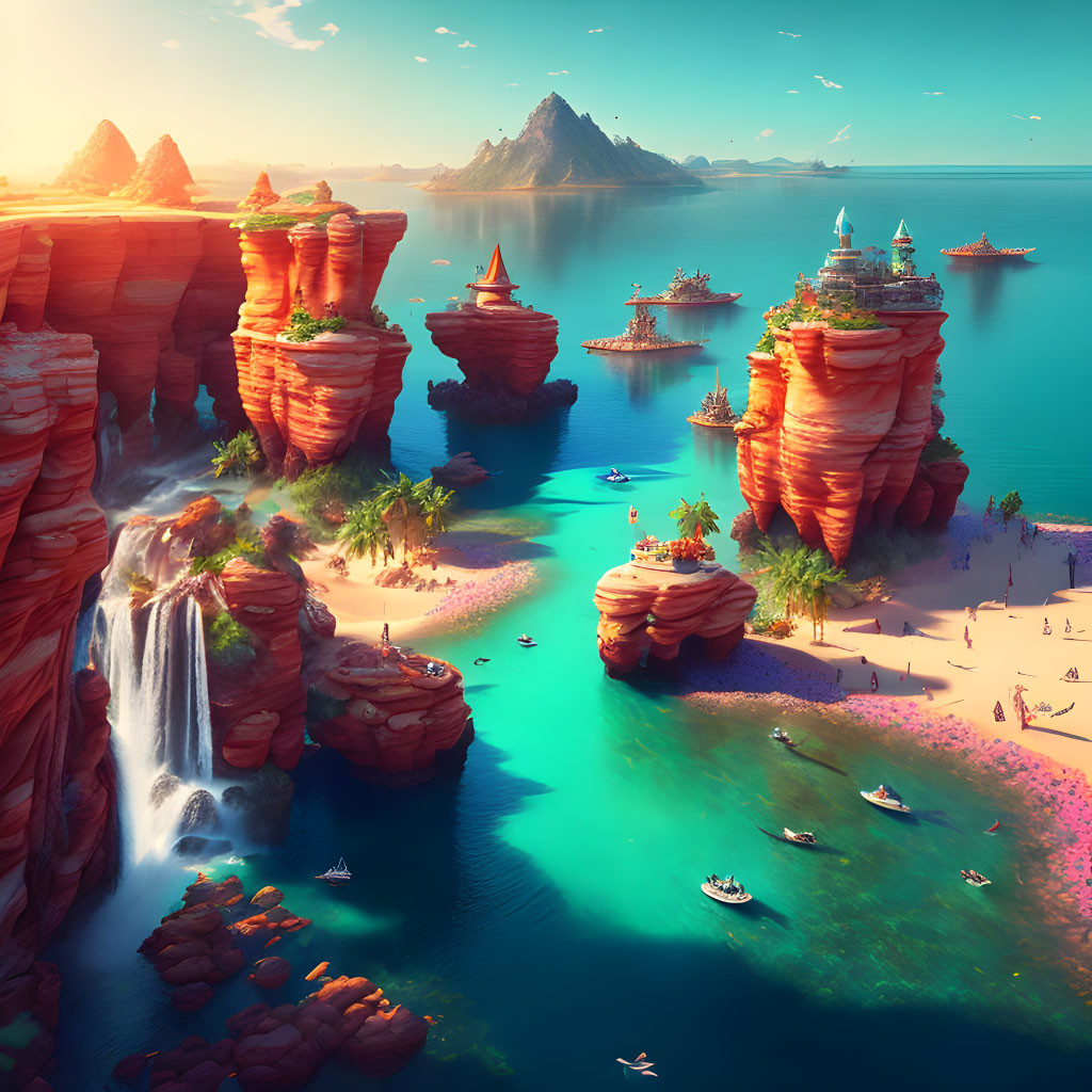 Colorful seascape with red rock formations, waterfalls, greenery, beaches, and boats.