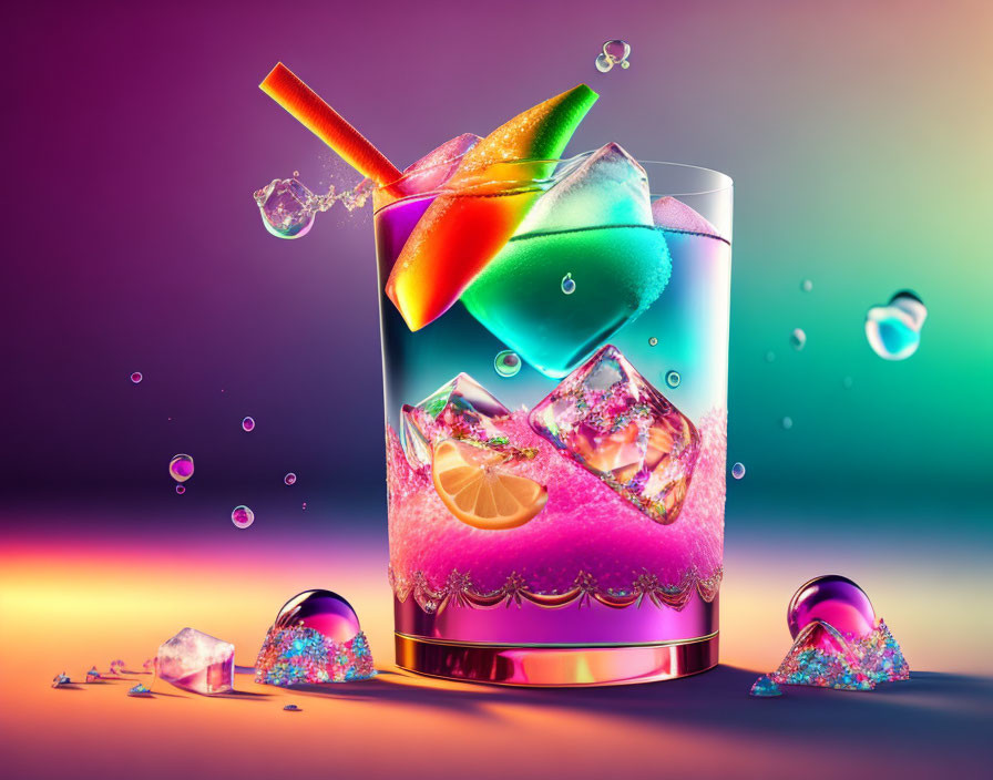 Colorful Cocktail with Lemon Slice and Ice Cubes on Gradient Background