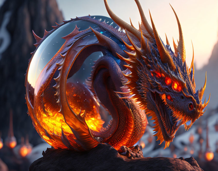 Fiery dragon with red eyes and spikes guarding reflective orb in volcanic terrain