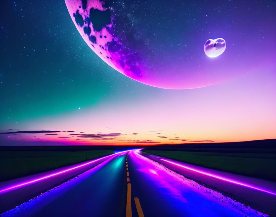 Surreal night landscape with glowing road, oversized moon, and starry sky