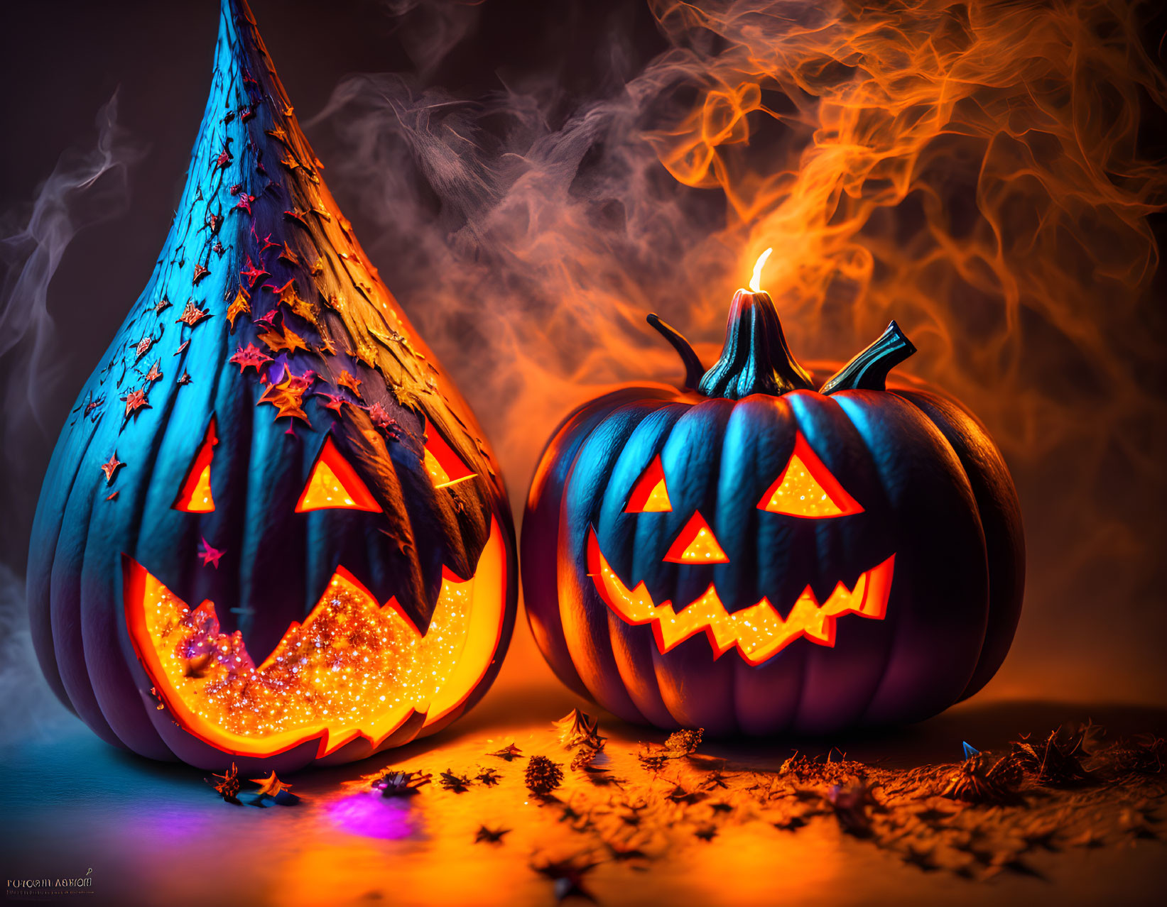 Illuminated Carved Pumpkins with Witch Hat and Autumn Leaves in Halloween Setting