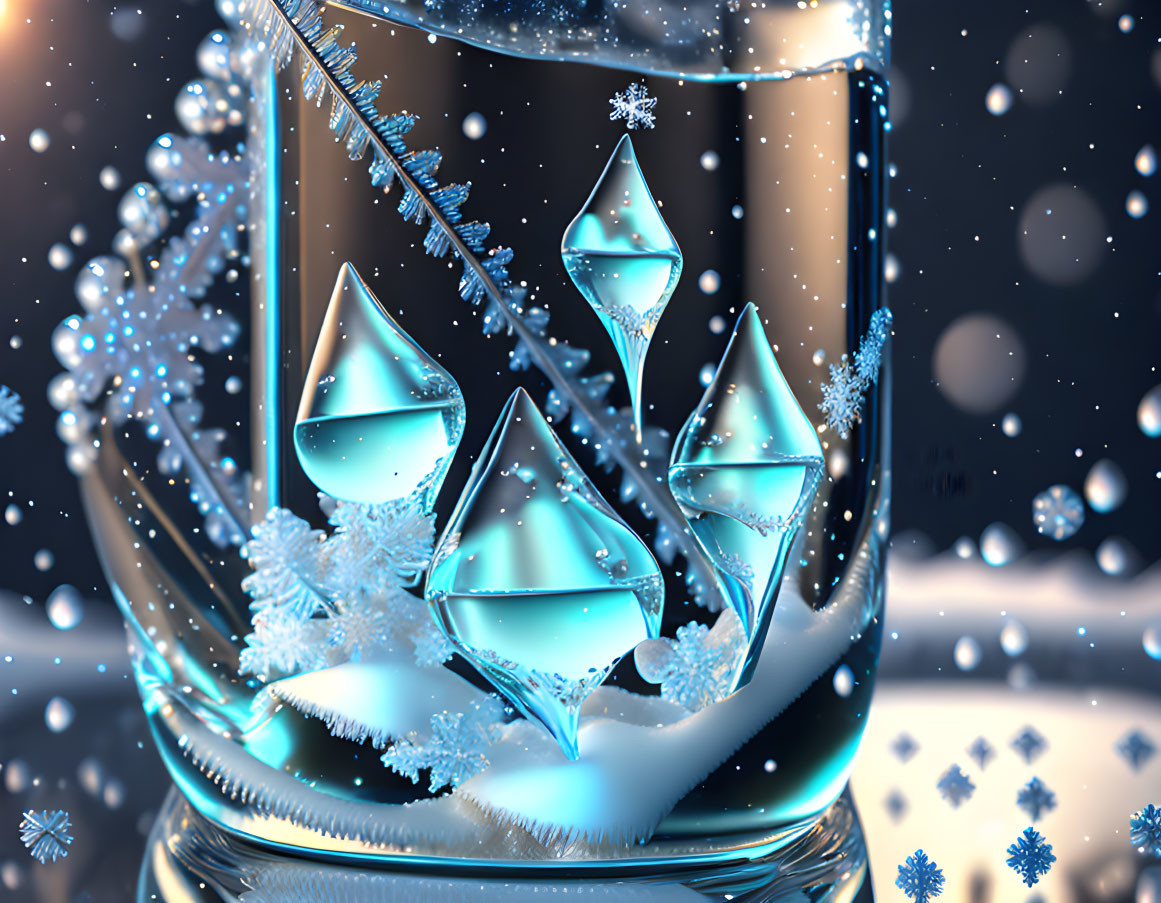 Glass jar digital art with glowing tree and snowflakes in winter wonderland.