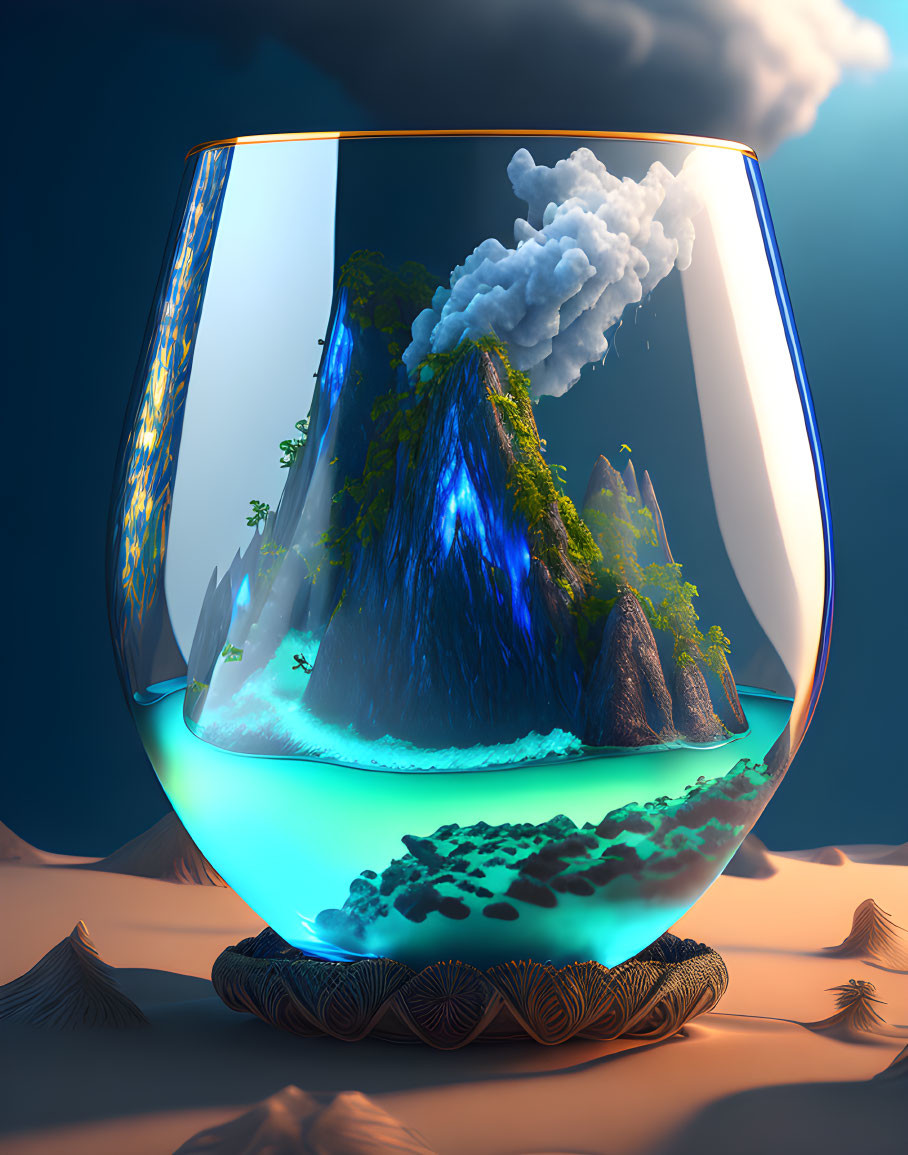 Miniature Glass Ecosystem with Volcano, Forest, and Cliffs at Twilight