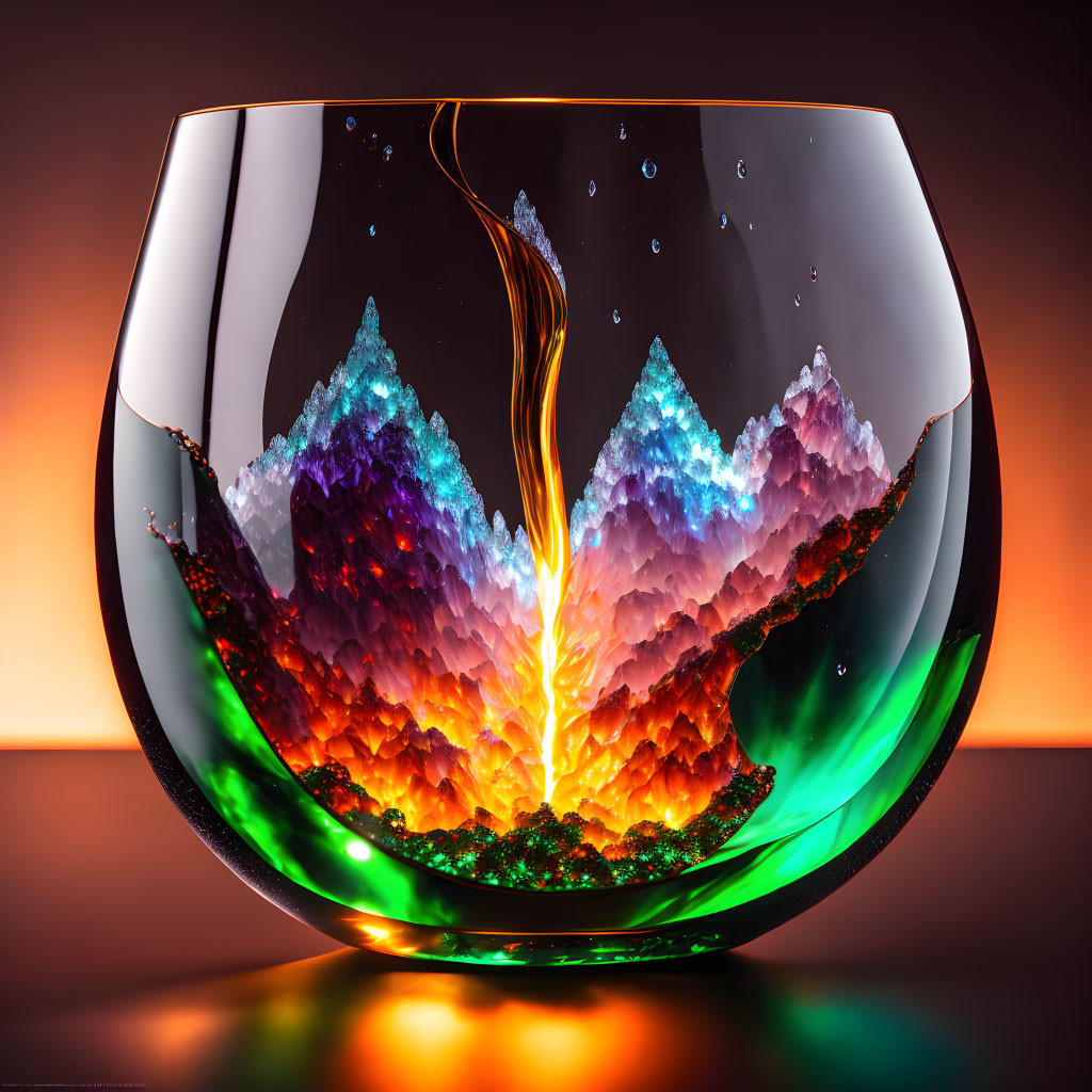 Colorful Crystal Mountain Scene in Glass Bowl with Dynamic Lighting