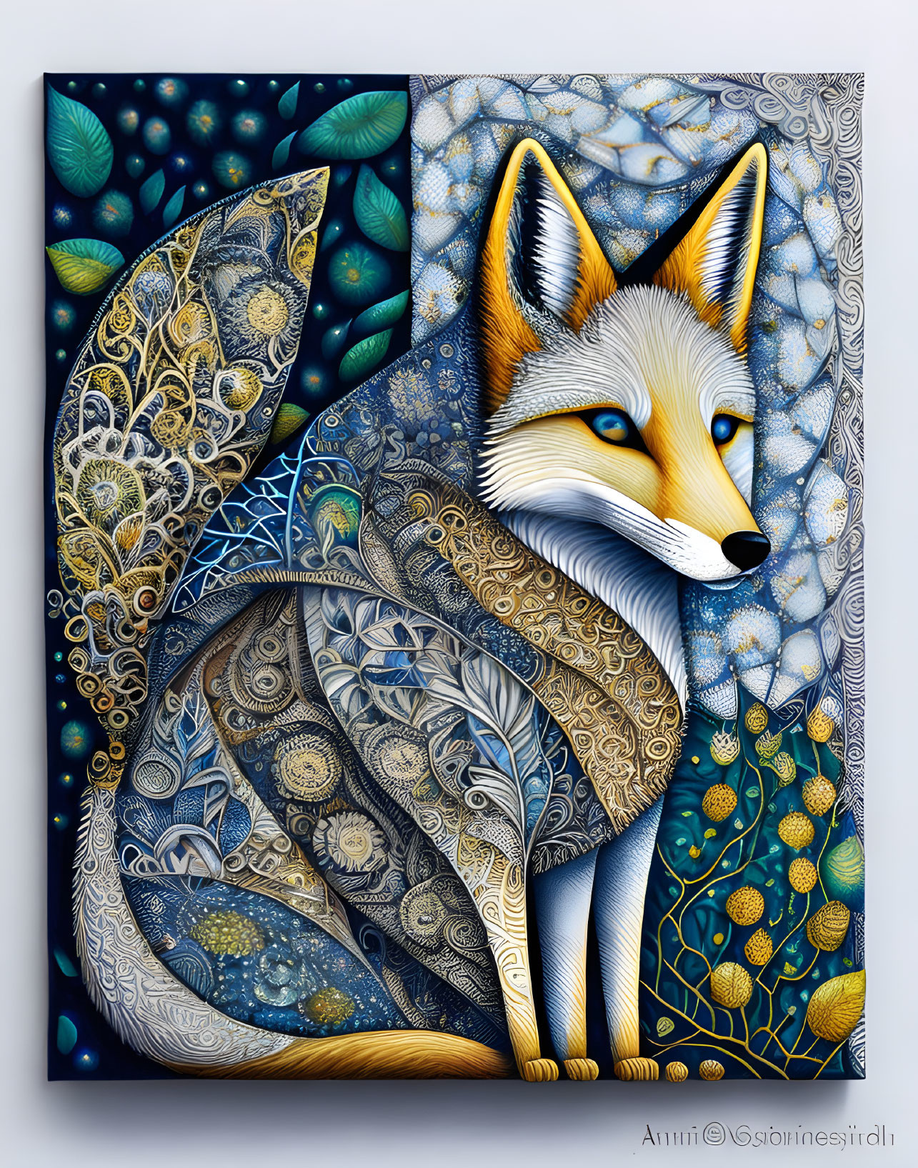 Stylized fox artwork with intricate textures in blues, golds, and whites