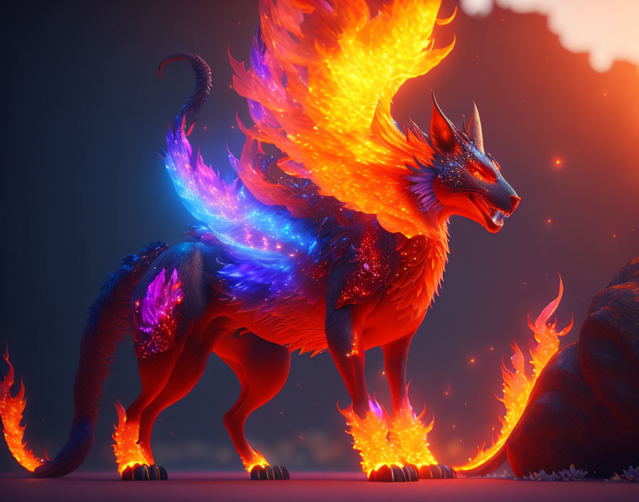 Multicolored fiery dragon artwork against dusky backdrop