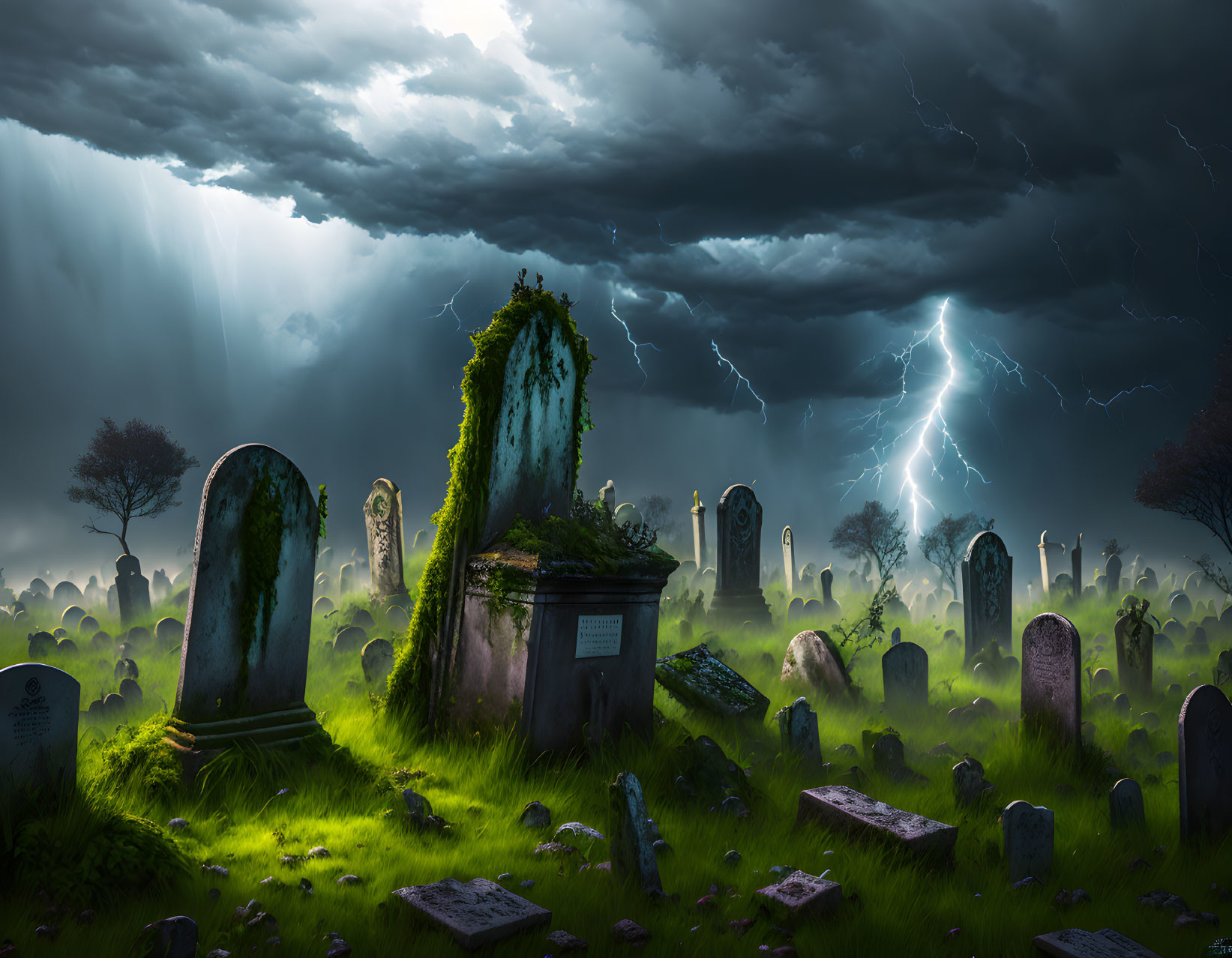 Mystical overgrown graveyard under stormy sky with lightning bolts