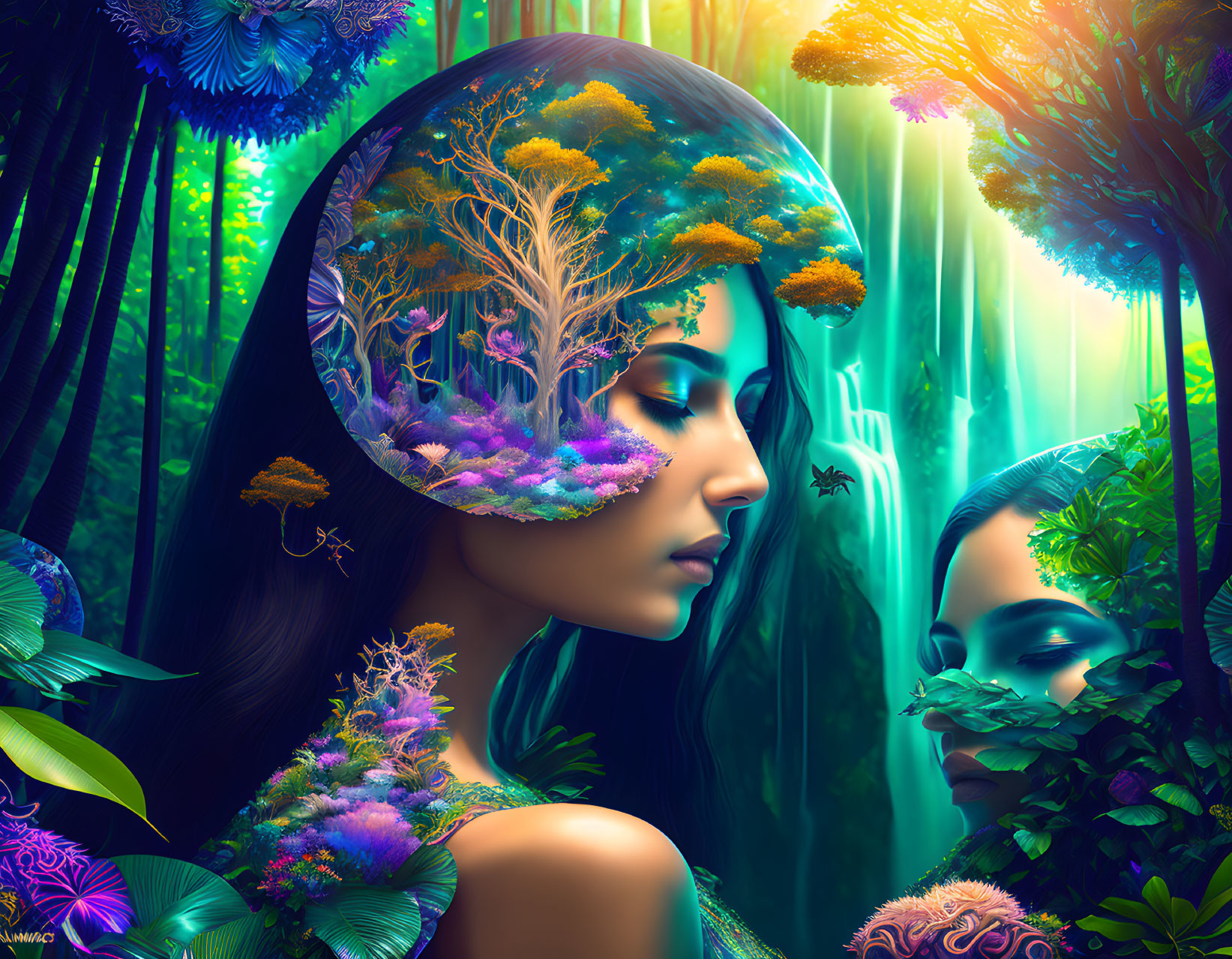 Illustration of two women merging with fantastical forest scenery