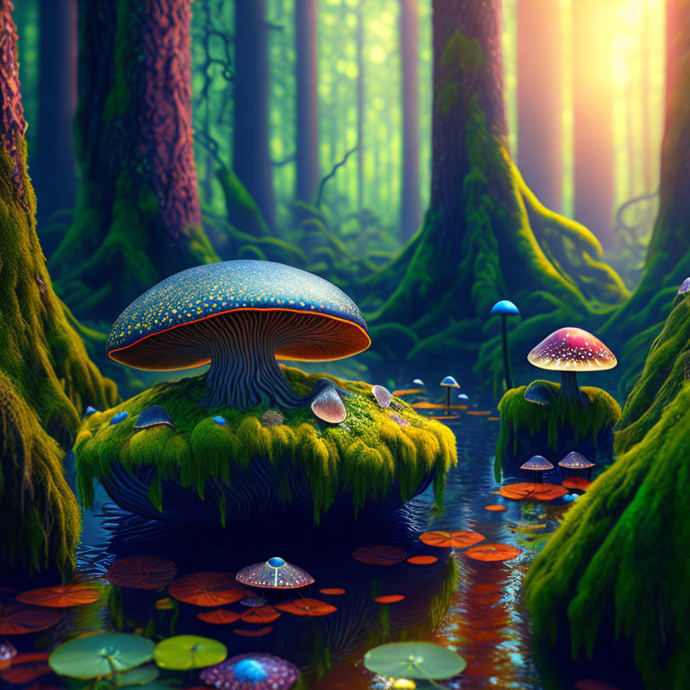 Colorful Mushroom Forest with Moss-Covered Trees in Warm Sunlight