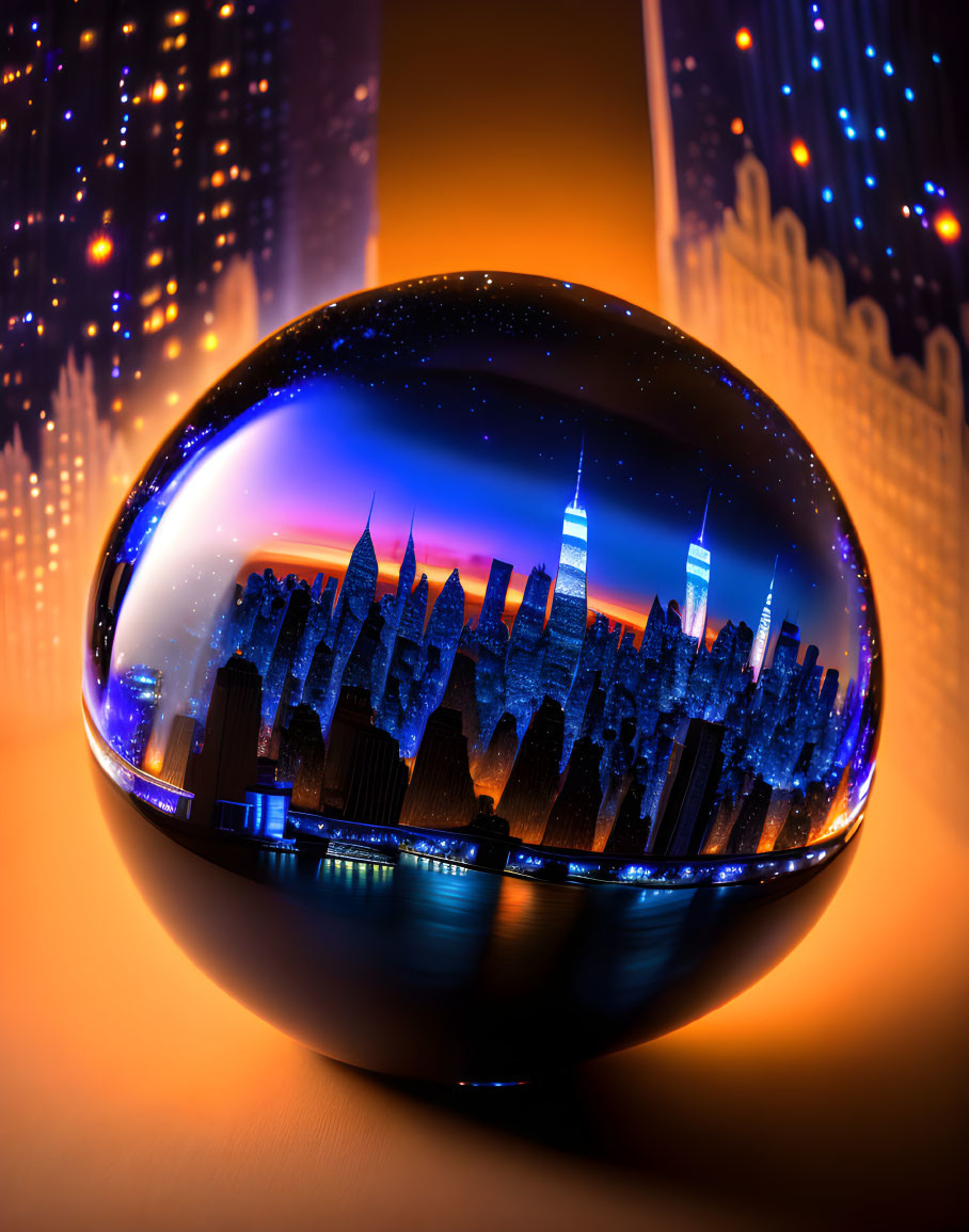 Crystal ball nighttime city skyline reflection against orange and blue twilight.