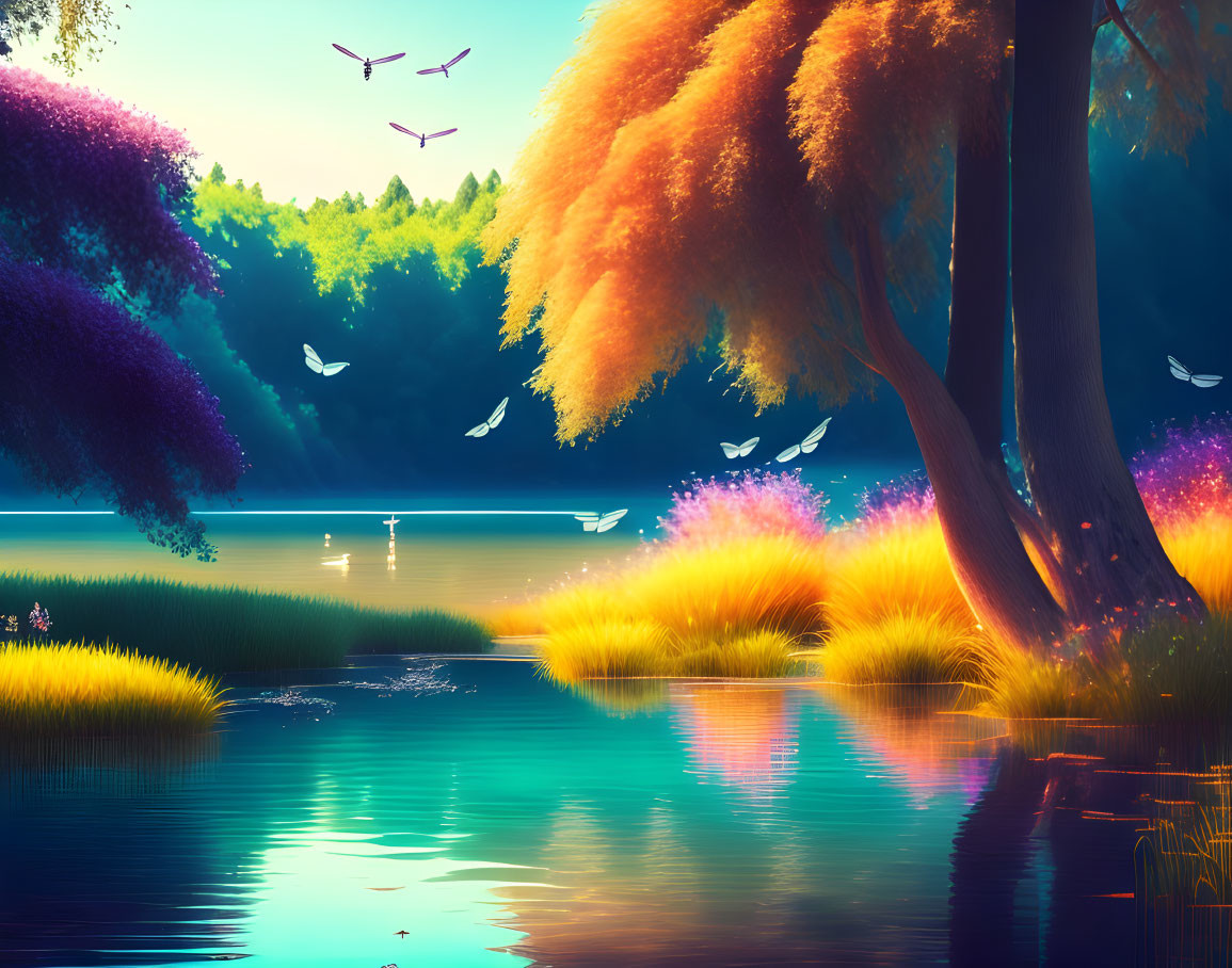 Colorful digital artwork of serene lakeside scene with lush trees and birds reflected in water