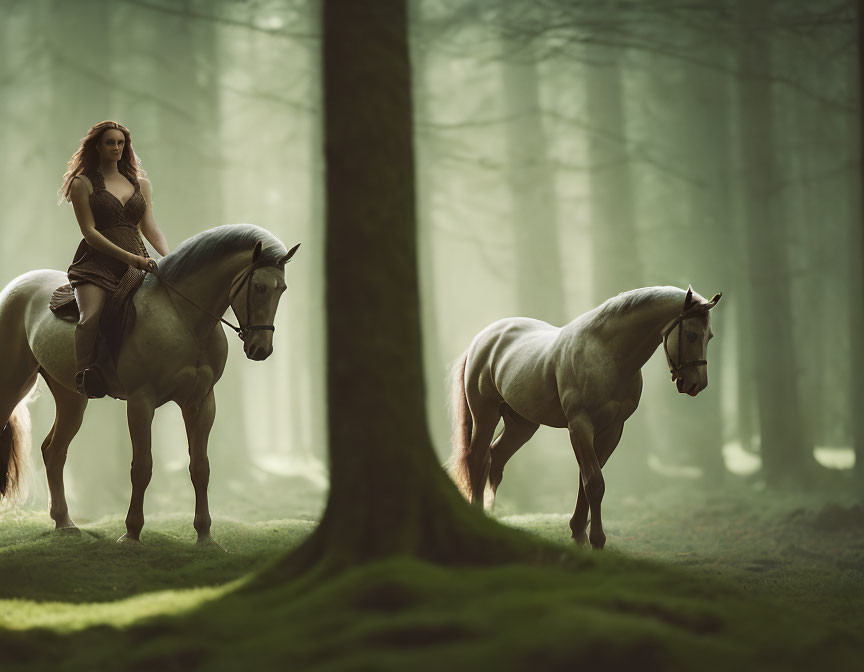 Woman in vintage dress rides horse in foggy forest with another horse