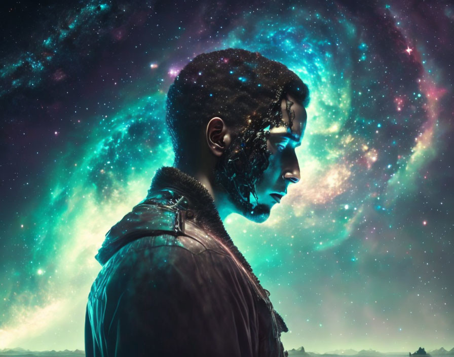 Person with Cosmic Background: Starry Sky and Nebulae Blend with Disintegrating Head