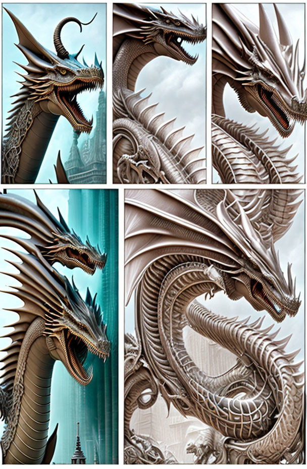 Metallic Dragon Sculpture Collage: Head, Body, Tail Details with Skyscraper Background