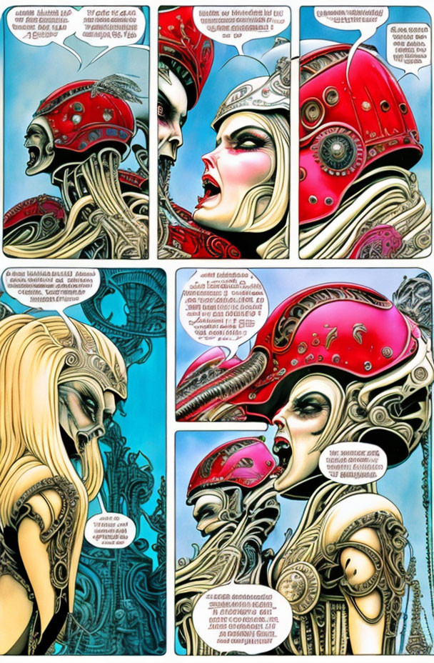 Comic panel: Two characters in red helmets conversing, sci-fi/fantasy theme