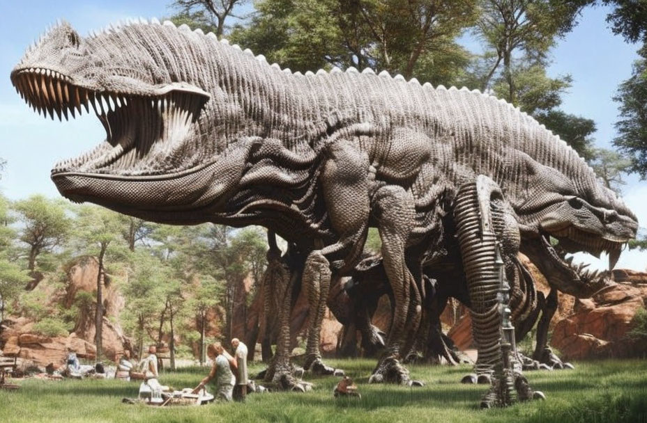 Detailed dinosaur sculpture in park setting with lush trees