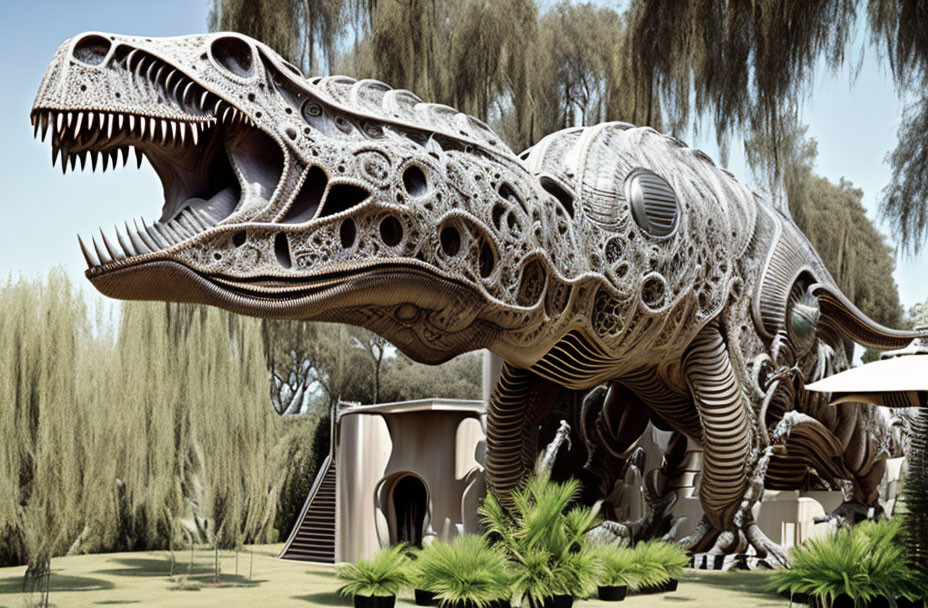 Intricately designed Tyrannosaurus Rex sculpture in lush park