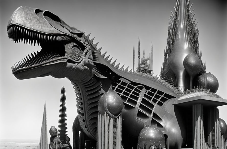 Monochrome giant metallic T-rex sculpture with architectural elements against clear sky