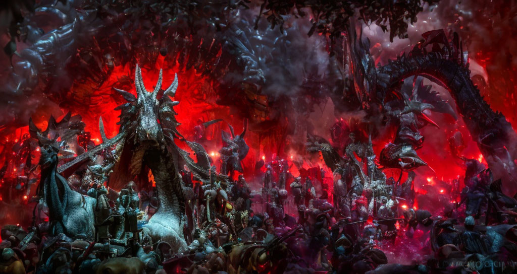 Dark Fantasy Scene: Horned Figure on Throne with Monstrous Army in Red-lit Landscape