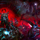 Dark Fantasy Scene: Horned Figure on Throne with Monstrous Army in Red-lit Landscape