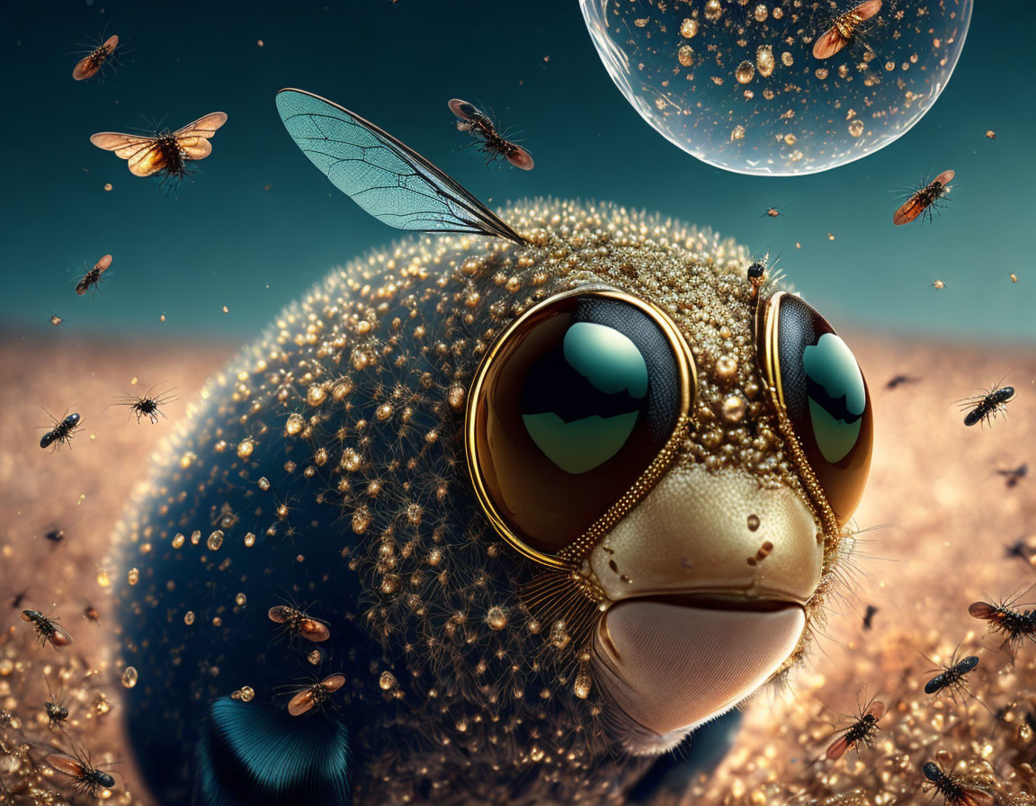 Detailed illustration of housefly head with bees and pollen on teal background