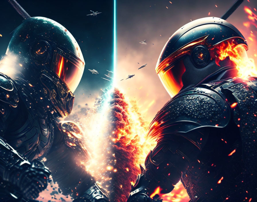 Futuristic armored figures in fiery explosion backdrop with blue light