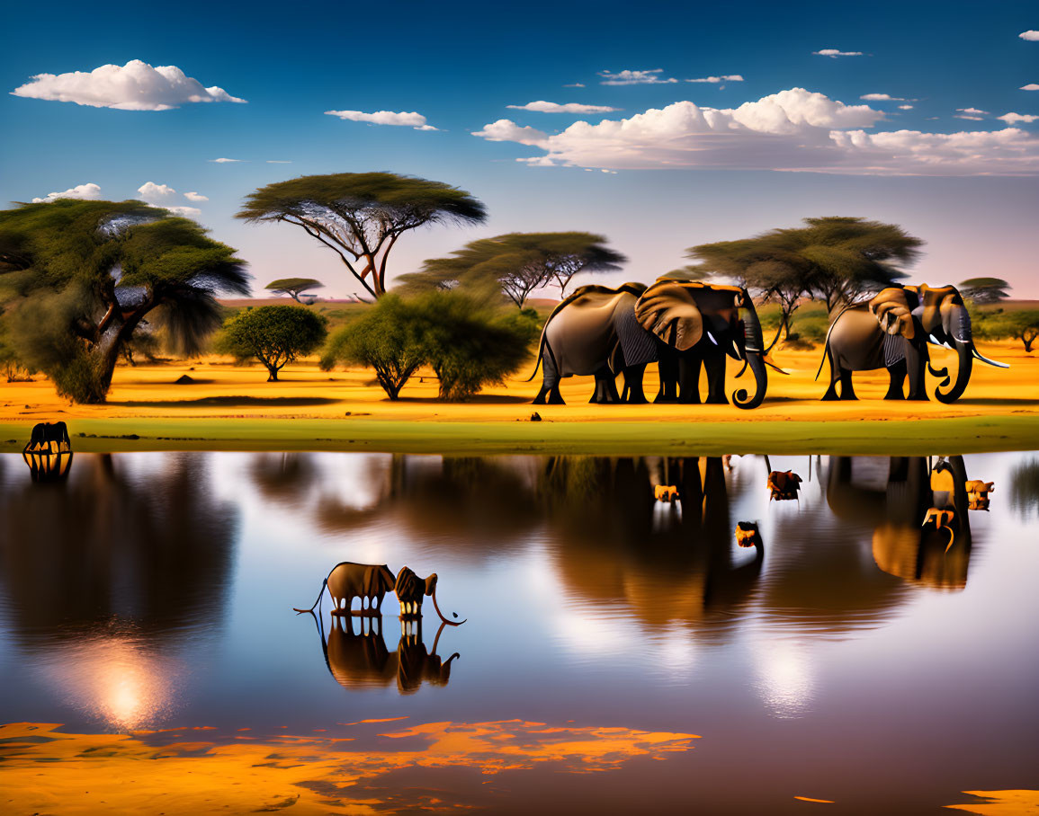 Elephants walking by waterhole with reflections, acacia trees, blue sky.